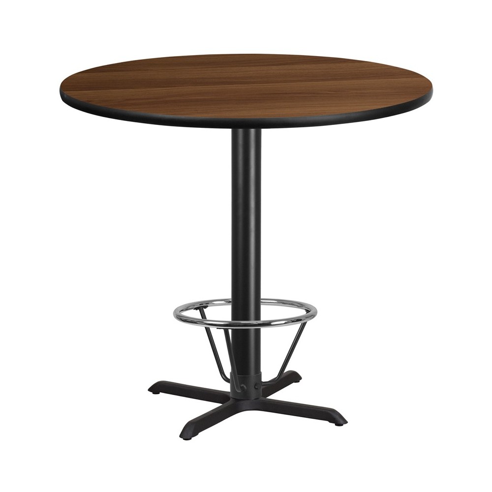 42'' Round Walnut Laminate Table Top with 33'' x 33'' Bar Height Table Base and Foot Ring