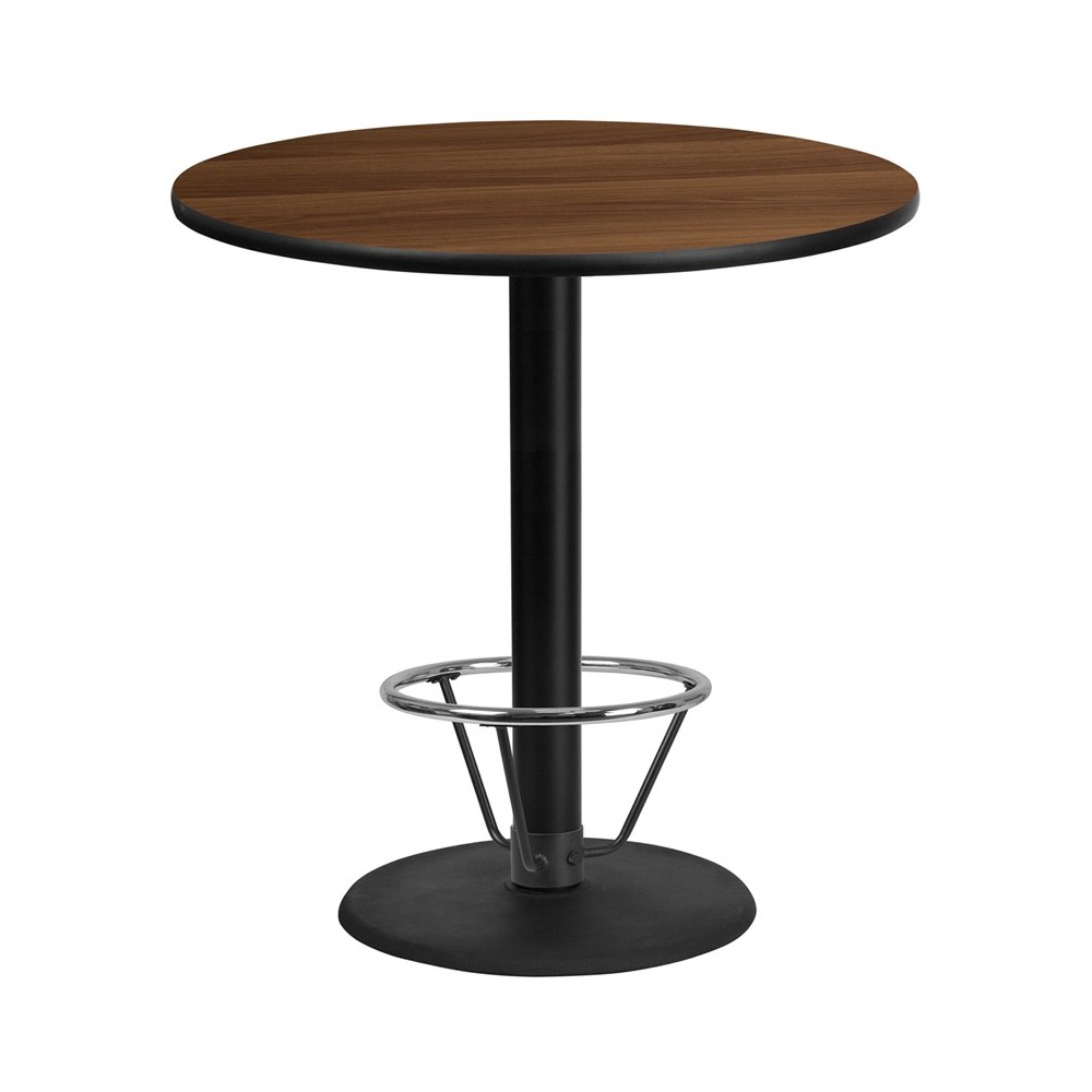 42'' Round Walnut Laminate Table Top with 24'' Round Bar Height Table Base and Foot Ring 42'' Round Walnut Laminate Table Top with 24'' Round Bar Height Table Base and Foot Ring