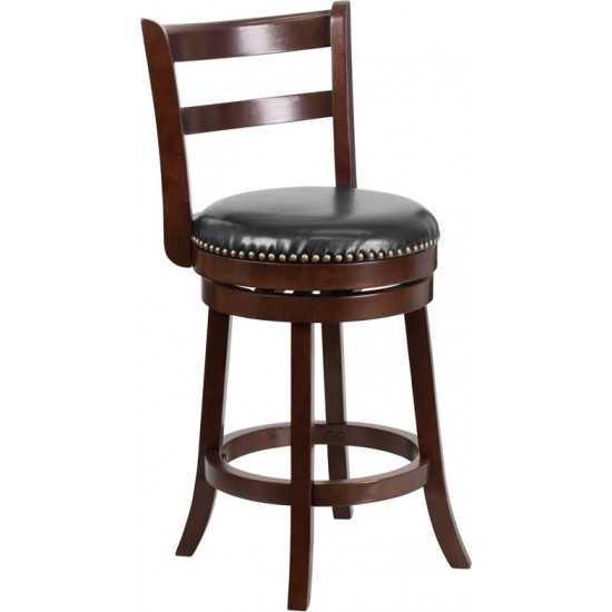 26'' High Cappuccino Wood Counter Height Stool with Single Slat Ladder Back and Black LeatherSoft Swivel Seat