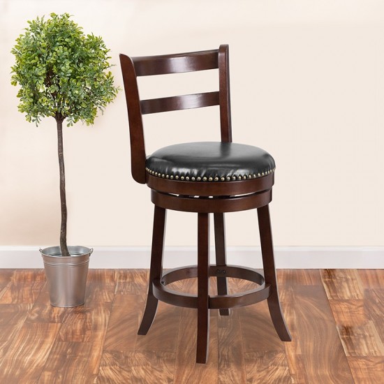 26'' High Cappuccino Wood Counter Height Stool with Single Slat Ladder Back and Black LeatherSoft Swivel Seat