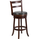 30'' High Cappuccino Wood Barstool with Single Slat Ladder Back and Black LeatherSoft Swivel Seat