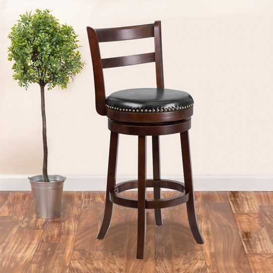 30'' High Cappuccino Wood Barstool with Single Slat Ladder Back and Black LeatherSoft Swivel Seat