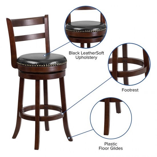 30'' High Cappuccino Wood Barstool with Single Slat Ladder Back and Black LeatherSoft Swivel Seat