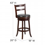 30'' High Cappuccino Wood Barstool with Single Slat Ladder Back and Black LeatherSoft Swivel Seat