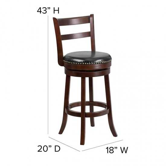 30'' High Cappuccino Wood Barstool with Single Slat Ladder Back and Black LeatherSoft Swivel Seat