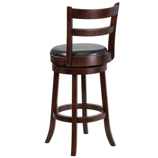 30'' High Cappuccino Wood Barstool with Single Slat Ladder Back and Black LeatherSoft Swivel Seat