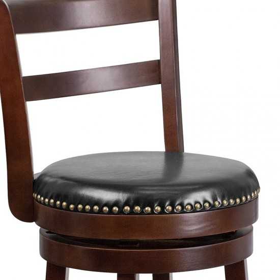 30'' High Cappuccino Wood Barstool with Single Slat Ladder Back and Black LeatherSoft Swivel Seat