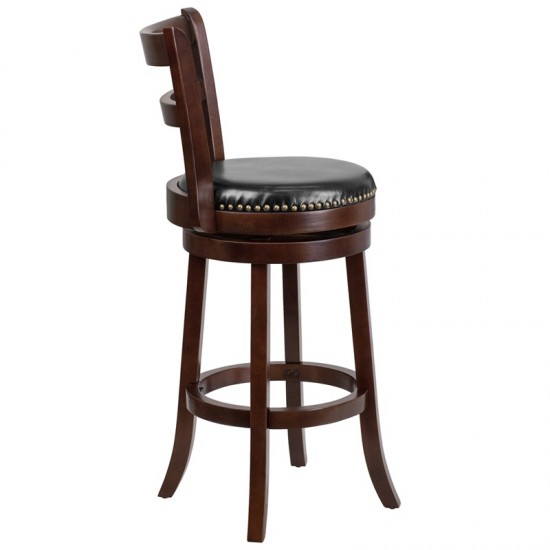 30'' High Cappuccino Wood Barstool with Single Slat Ladder Back and Black LeatherSoft Swivel Seat