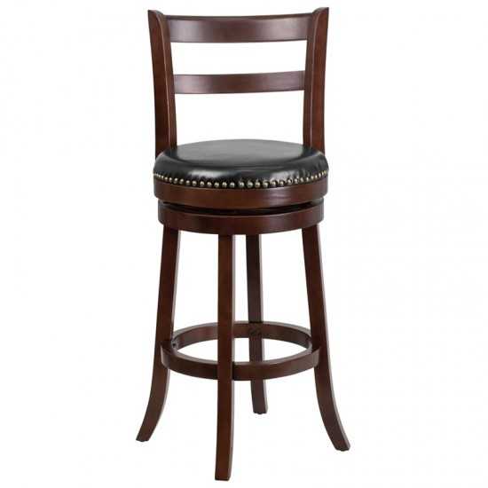 30'' High Cappuccino Wood Barstool with Single Slat Ladder Back and Black LeatherSoft Swivel Seat