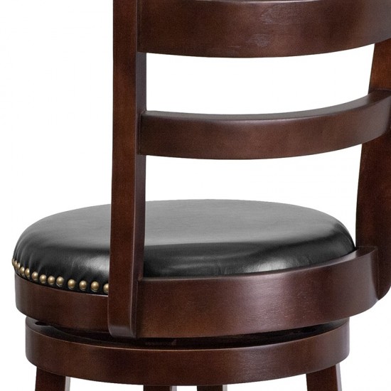 30'' High Cappuccino Wood Barstool with Single Slat Ladder Back and Black LeatherSoft Swivel Seat