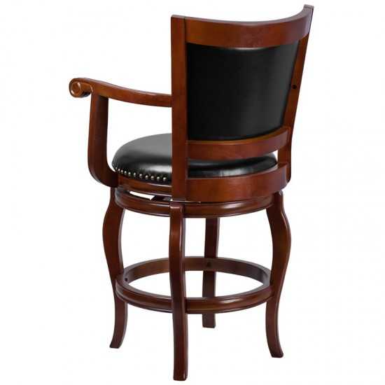 26'' High Cherry Wood Counter Height Stool with Arms, Panel Back and Black LeatherSoft Swivel Seat