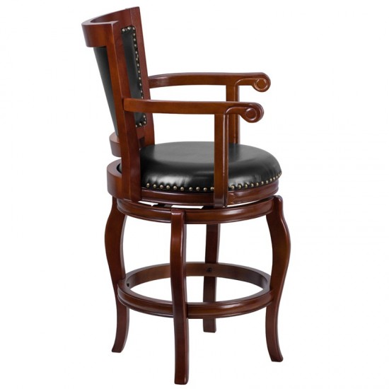 26'' High Cherry Wood Counter Height Stool with Arms, Panel Back and Black LeatherSoft Swivel Seat