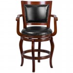 26'' High Cherry Wood Counter Height Stool with Arms, Panel Back and Black LeatherSoft Swivel Seat