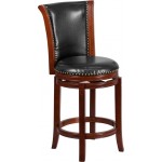 26'' High Dark Chestnut Wood Counter Height Stool with Panel Back and Black LeatherSoft Swivel Seat