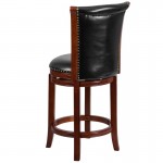 26'' High Dark Chestnut Wood Counter Height Stool with Panel Back and Black LeatherSoft Swivel Seat