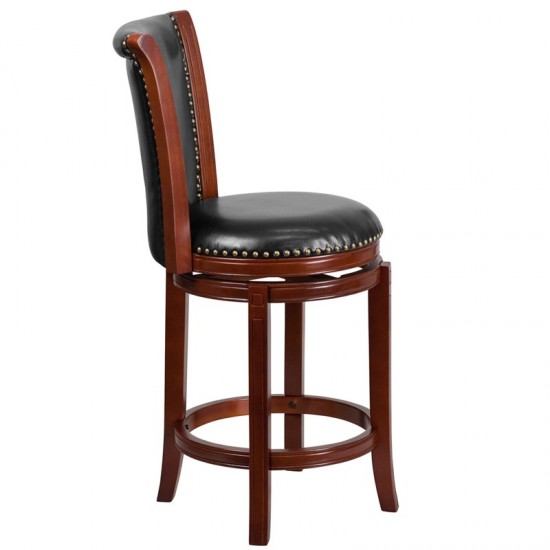 26'' High Dark Chestnut Wood Counter Height Stool with Panel Back and Black LeatherSoft Swivel Seat