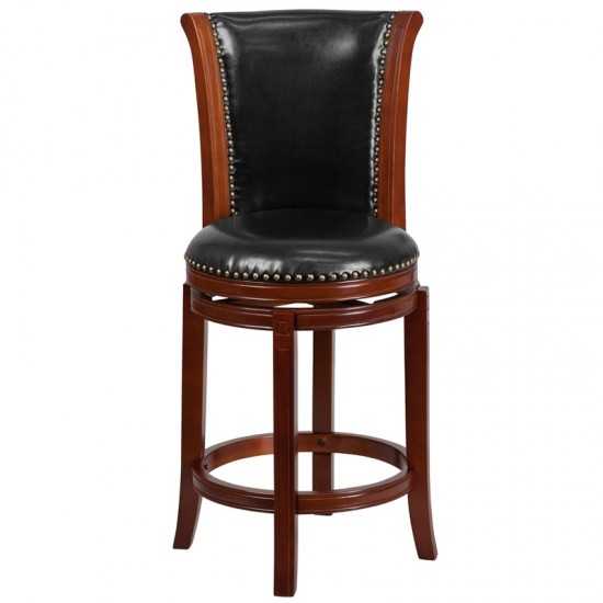 26'' High Dark Chestnut Wood Counter Height Stool with Panel Back and Black LeatherSoft Swivel Seat