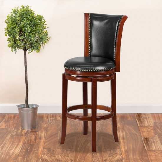 30'' High Dark Chestnut Wood Barstool with Panel Back and Black LeatherSoft Swivel Seat