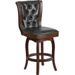 26'' High Cappuccino Wood Counter Height Stool with Button Tufted Back and Black LeatherSoft Swivel Seat