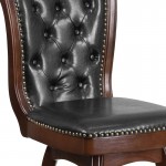 26'' High Cappuccino Wood Counter Height Stool with Button Tufted Back and Black LeatherSoft Swivel Seat