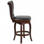 26'' High Cappuccino Wood Counter Height Stool with Button Tufted Back and Black LeatherSoft Swivel Seat