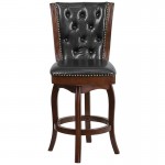 26'' High Cappuccino Wood Counter Height Stool with Button Tufted Back and Black LeatherSoft Swivel Seat