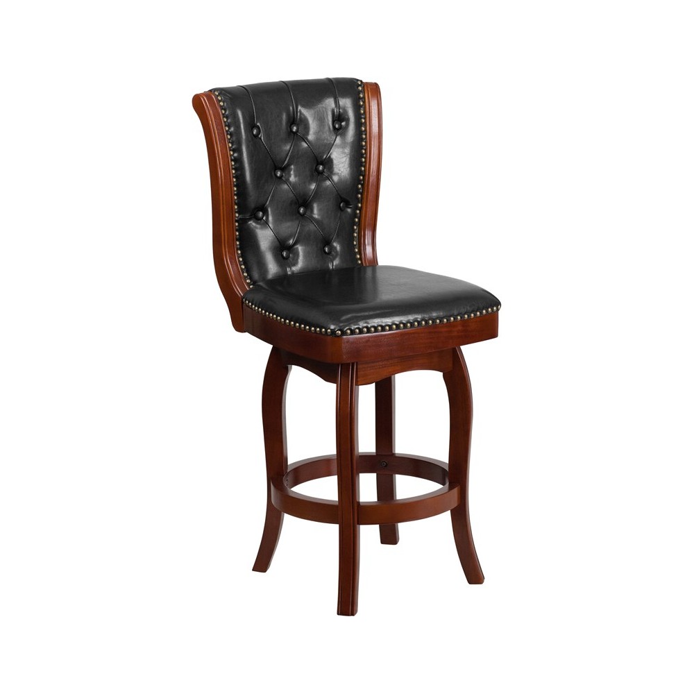 26'' High Cherry Wood Counter Height Stool with Button Tufted Back and Black LeatherSoft Swivel Seat