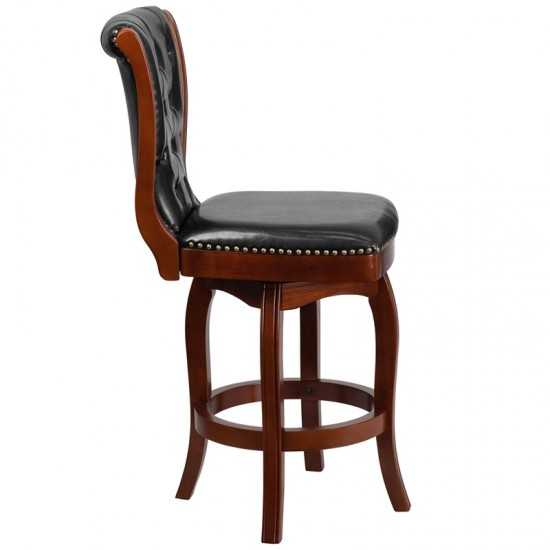 26'' High Cherry Wood Counter Height Stool with Button Tufted Back and Black LeatherSoft Swivel Seat