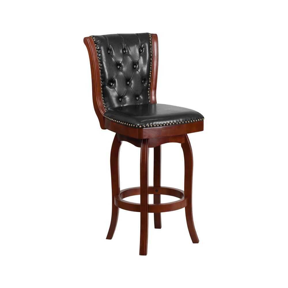 30'' High Cherry Wood Barstool with Button Tufted Back and Black LeatherSoft Swivel Seat 30'' High Cherry Wood Barstool with Button Tufted Back and Black LeatherSoft Swivel Seat