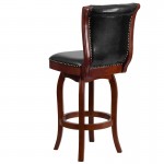 30'' High Cherry Wood Barstool with Button Tufted Back and Black LeatherSoft Swivel Seat