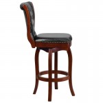 30'' High Cherry Wood Barstool with Button Tufted Back and Black LeatherSoft Swivel Seat