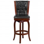 30'' High Cherry Wood Barstool with Button Tufted Back and Black LeatherSoft Swivel Seat