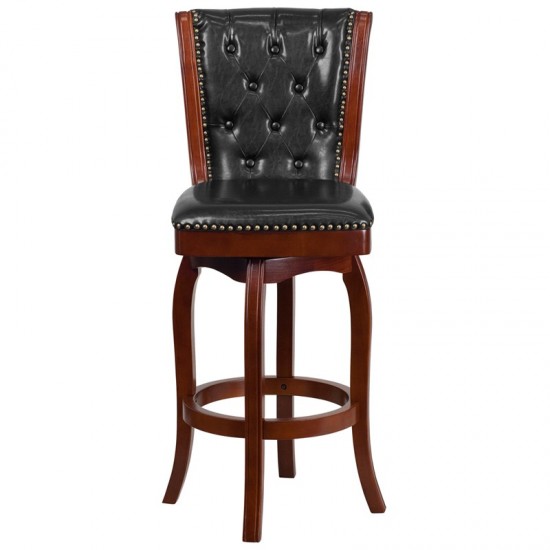 30'' High Cherry Wood Barstool with Button Tufted Back and Black LeatherSoft Swivel Seat