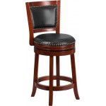 26'' High Dark Cherry Wood Counter Height Stool with Open Panel Back and Walnut LeatherSoft Swivel Seat