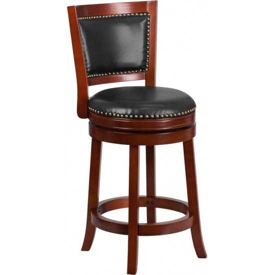 26'' High Dark Cherry Wood Counter Height Stool with Open Panel Back and Walnut LeatherSoft Swivel Seat