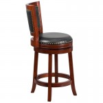 26'' High Dark Cherry Wood Counter Height Stool with Open Panel Back and Walnut LeatherSoft Swivel Seat