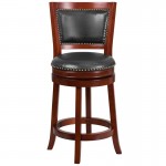 26'' High Dark Cherry Wood Counter Height Stool with Open Panel Back and Walnut LeatherSoft Swivel Seat