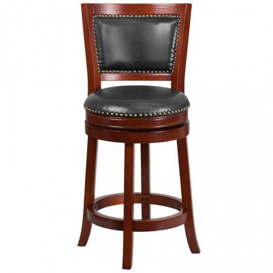 26'' High Dark Cherry Wood Counter Height Stool with Open Panel Back and Walnut LeatherSoft Swivel Seat