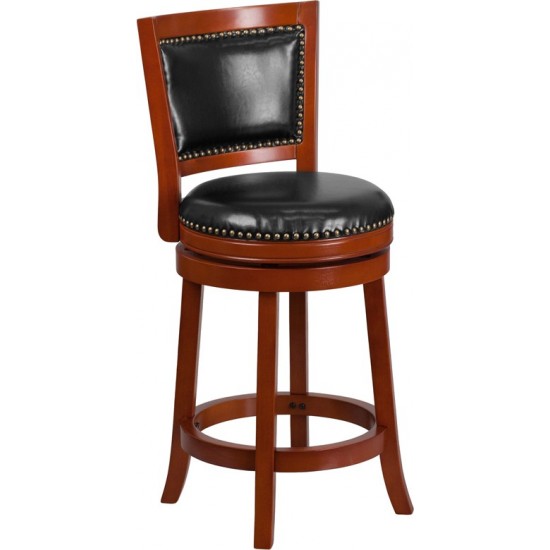 26'' High Light Cherry Wood Counter Height Stool with Open Panel Back and Black LeatherSoft Swivel Seat