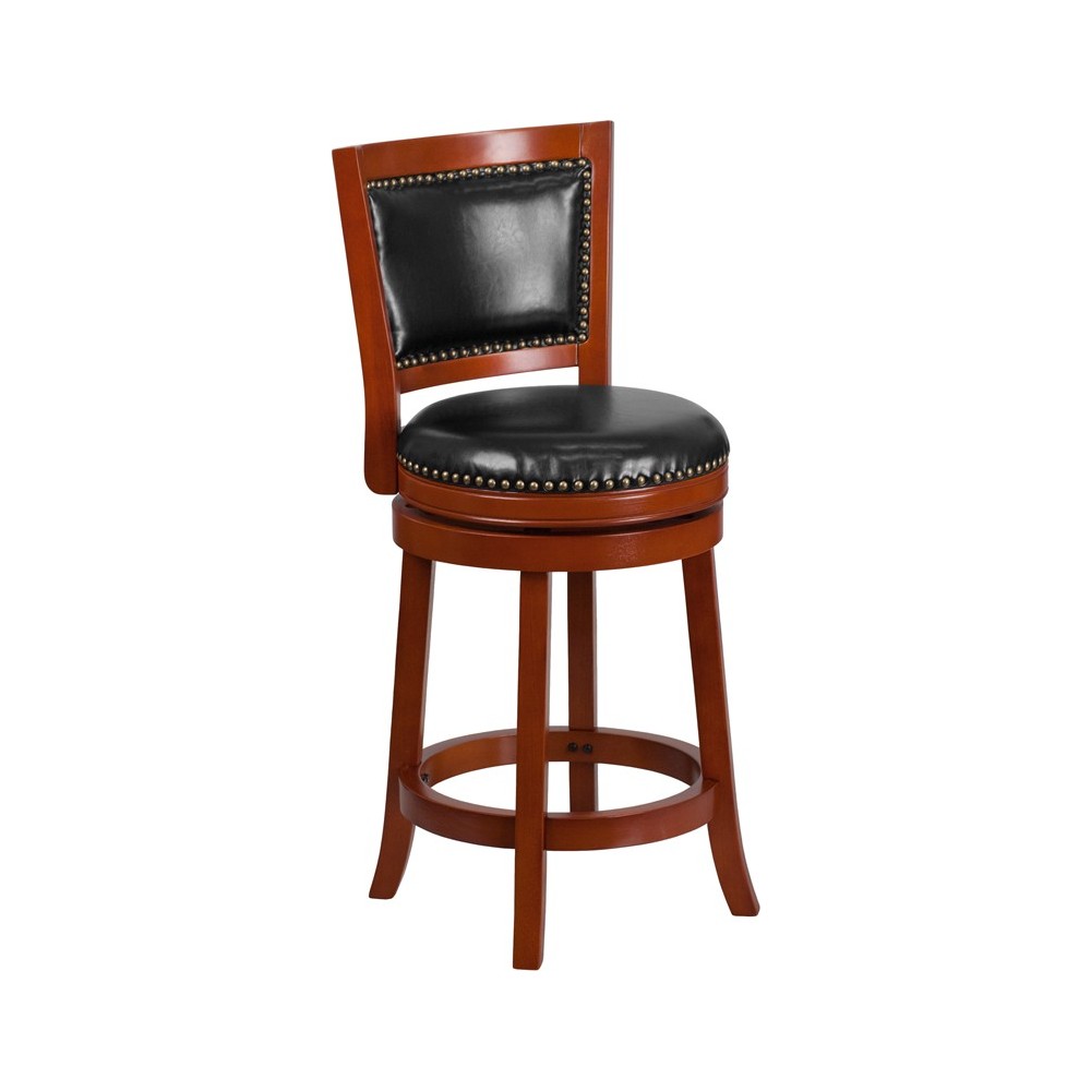 26'' High Light Cherry Wood Counter Height Stool with Open Panel Back and Black LeatherSoft Swivel Seat 26'' High Light Cherry Wood Counter Height Stool with Open Panel Back and Black LeatherSoft Swivel Seat