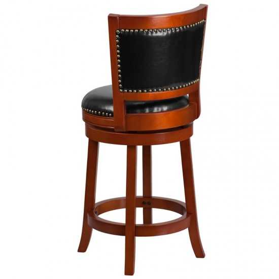 26'' High Light Cherry Wood Counter Height Stool with Open Panel Back and Black LeatherSoft Swivel Seat