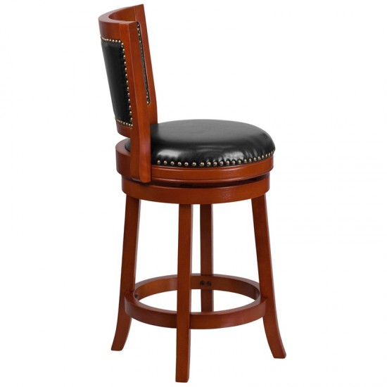 26'' High Light Cherry Wood Counter Height Stool with Open Panel Back and Black LeatherSoft Swivel Seat
