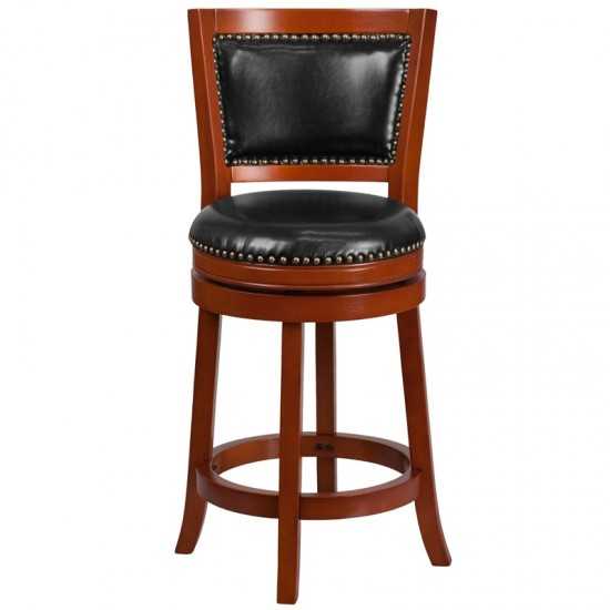 26'' High Light Cherry Wood Counter Height Stool with Open Panel Back and Black LeatherSoft Swivel Seat