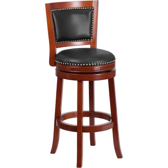 30'' High Dark Cherry Wood Barstool with Open Panel Back and Walnut LeatherSoft Swivel Seat