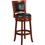 30'' High Light Cherry Wood Barstool with Open Panel Back and Black LeatherSoft Swivel Seat