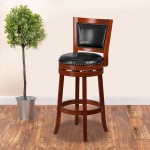 30'' High Light Cherry Wood Barstool with Open Panel Back and Black LeatherSoft Swivel Seat