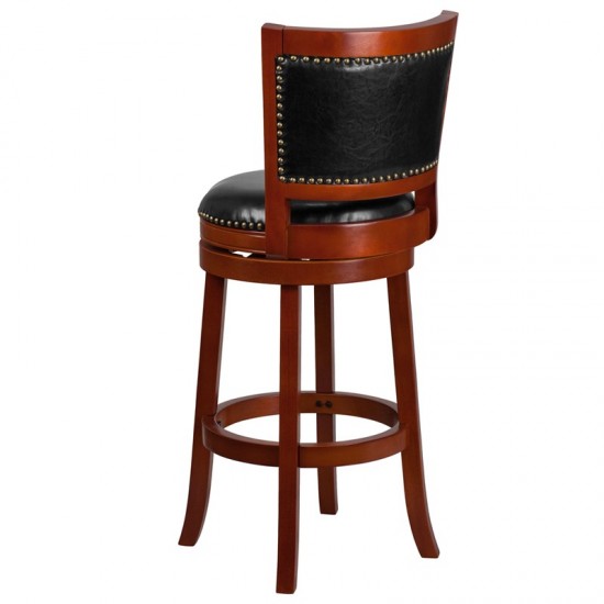 30'' High Light Cherry Wood Barstool with Open Panel Back and Black LeatherSoft Swivel Seat