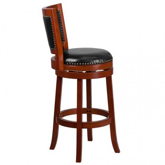 30'' High Light Cherry Wood Barstool with Open Panel Back and Black LeatherSoft Swivel Seat