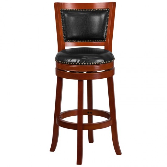 30'' High Light Cherry Wood Barstool with Open Panel Back and Black LeatherSoft Swivel Seat