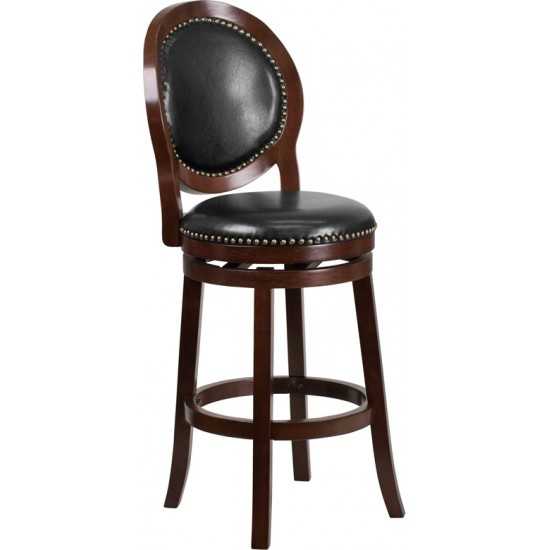 30'' High Cappuccino Wood Barstool with Oval Back and Black LeatherSoft Swivel Seat